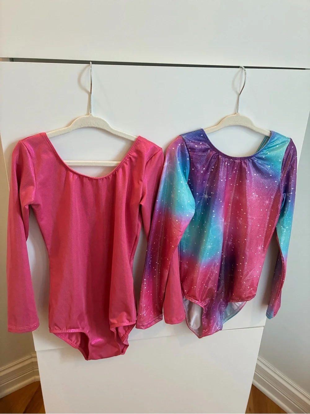 Set of 2 Girls' Pink & Galaxy Print Long Sleeve Dance Leotards - Size 130 (7/8)